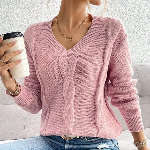 . Sweaters - Pink Preppy Womens Solid Cable Knit V Neck Sweater